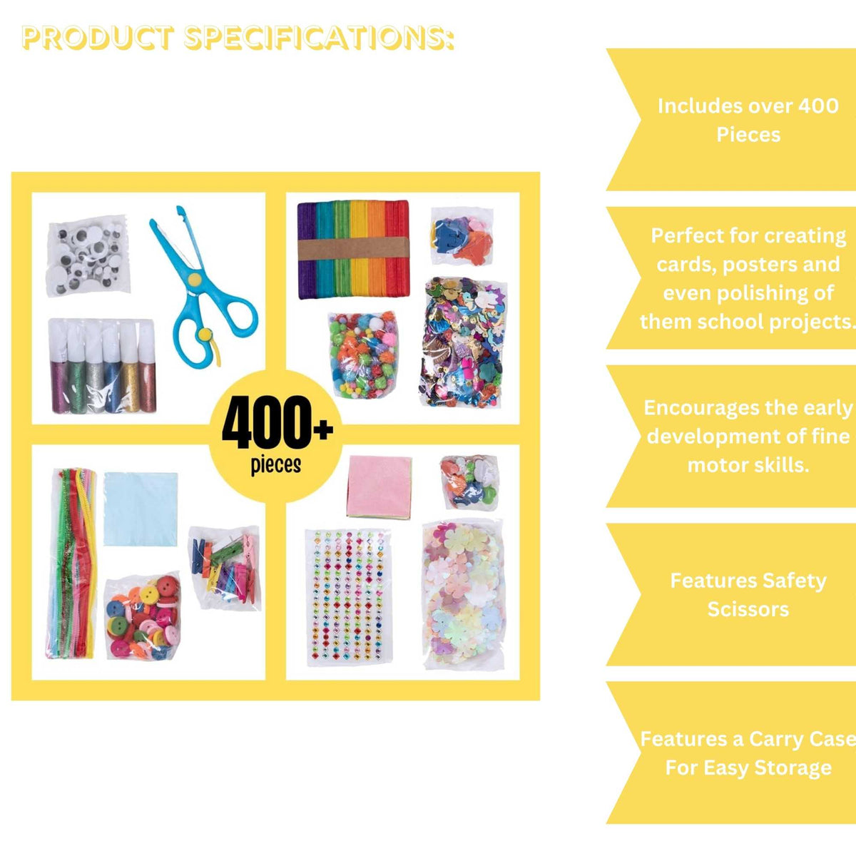 Fun Craft Jumbo Arts & Crafts Kit – 400+ Piece Kids Craft Supplies Set with Storage Box