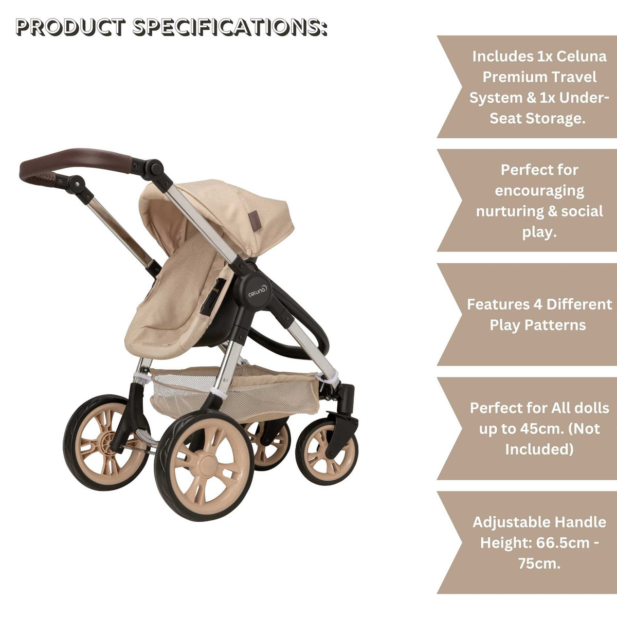Celuna Premium Stone Dolls Travel System - 4 Pram Modes