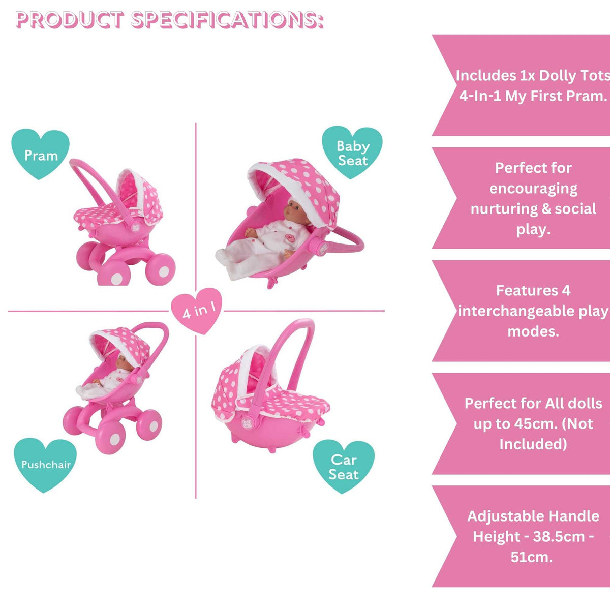 Dolly Tots My First 4 in 1 Dolls Pram - Pink