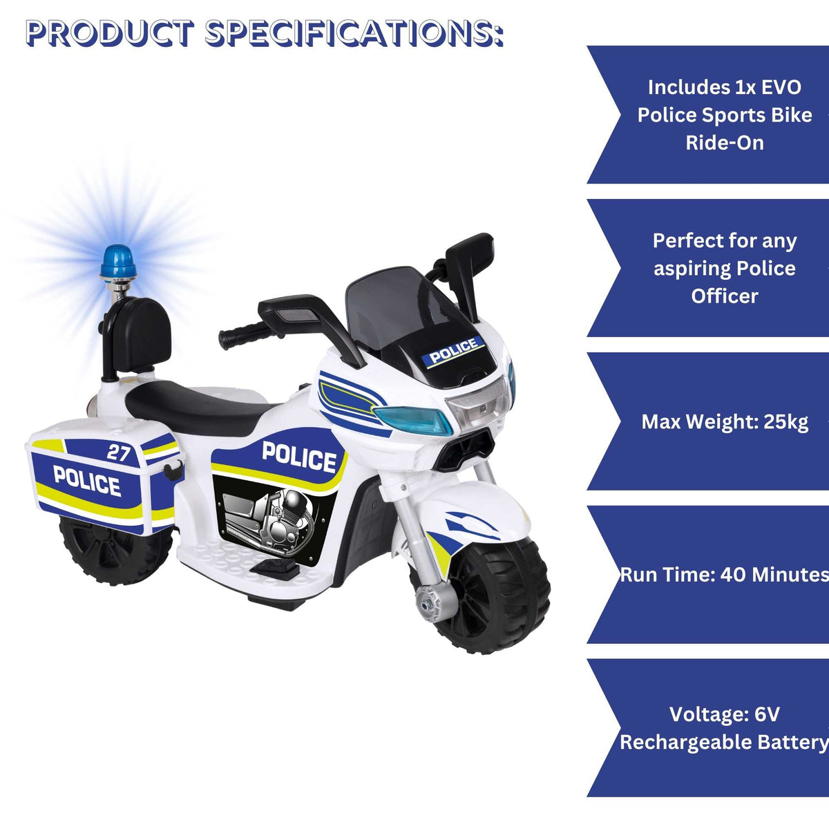 EVO 6v Kids Electric Ride-On Police Bike