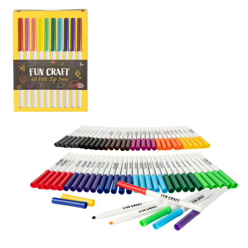Fun Craft 60 Coloured Felt Tip Pens – Kids Colouring & Drawing Marker Set