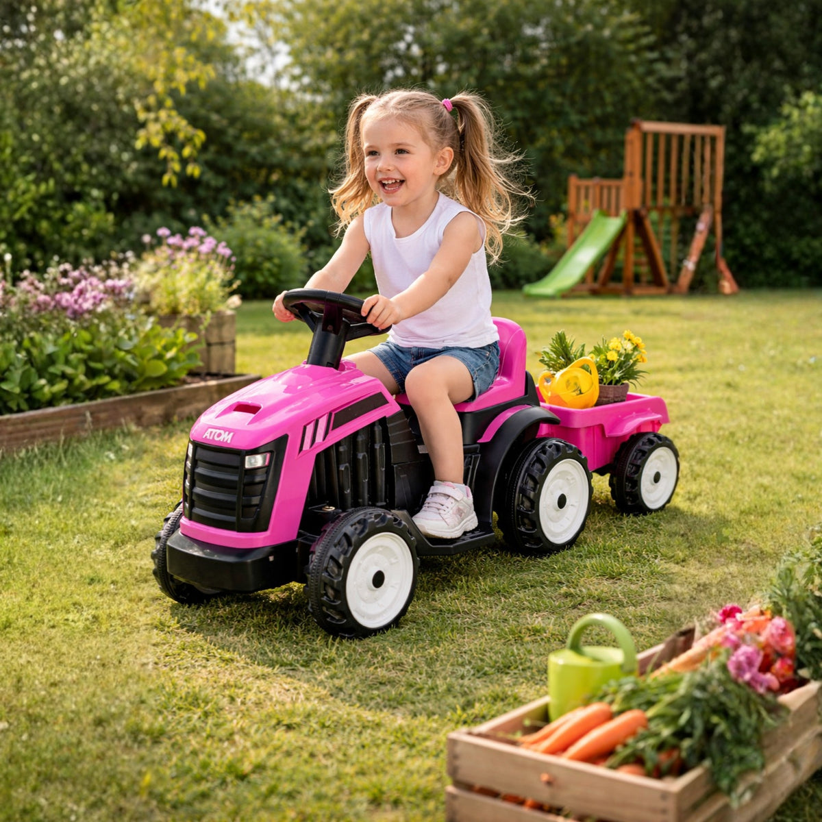 ATOM 6V Electric Ride On Tractor With Trailer - Pink