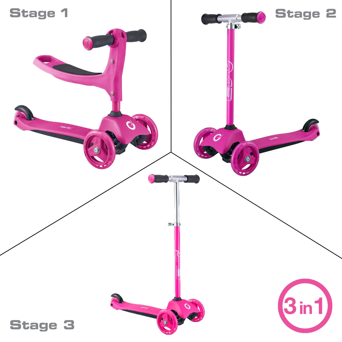 Evo 3 in 1 Cruiser Toddler Ride On & Scooter - Pink