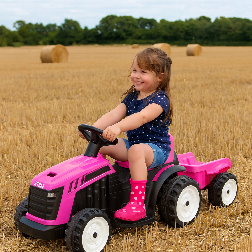 ATOM 6V Electric Ride On Tractor With Trailer - Pink