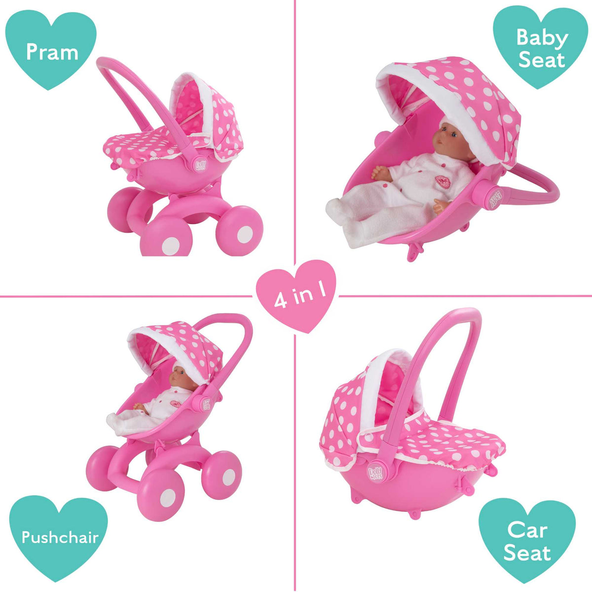 Dolly Tots My First 4 in 1 Dolls Pram - Pink