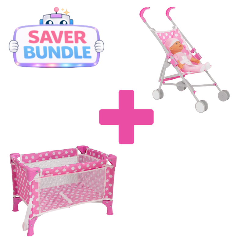 Dolly Tots Pink Travel Cot, Stroller & Doll Bundle