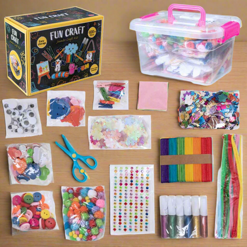 Fun Craft Jumbo Arts & Crafts Kit – 400+ Piece Kids Craft Supplies Set with Storage Box