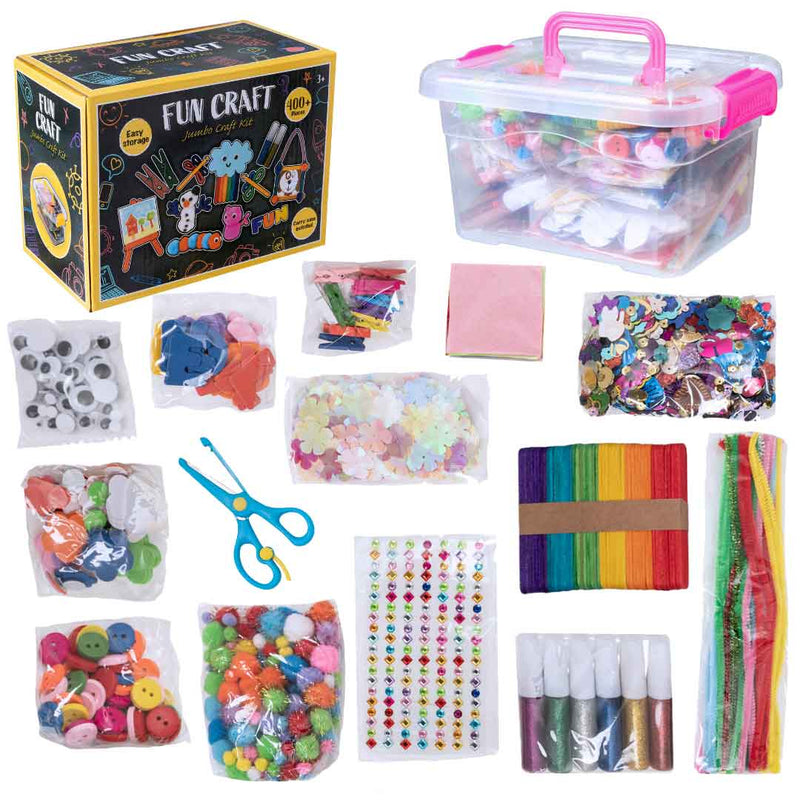 Fun Craft Jumbo Arts & Crafts Kit – 400+ Piece Kids Craft Supplies Set with Storage Box