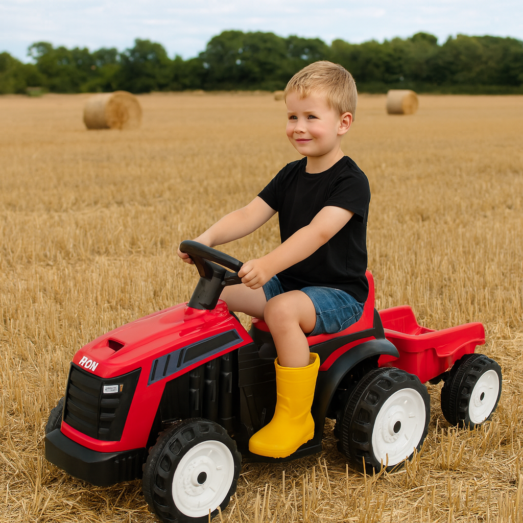 ATOM 6V Electric Ride On Tractor With Trailer - Red Electric Ride Ons