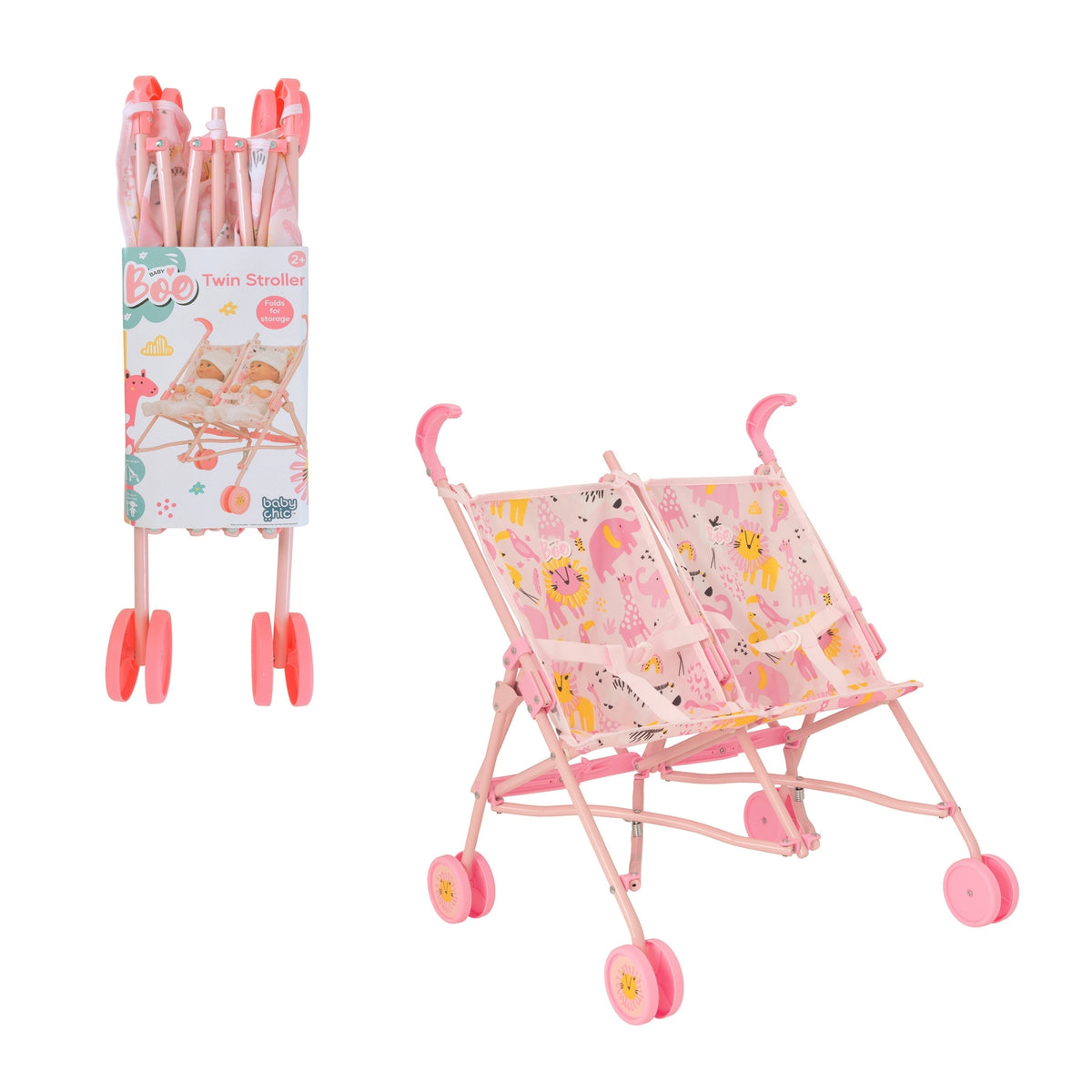 Pink toy stroller with pink animal pattern for children aged 2 and over