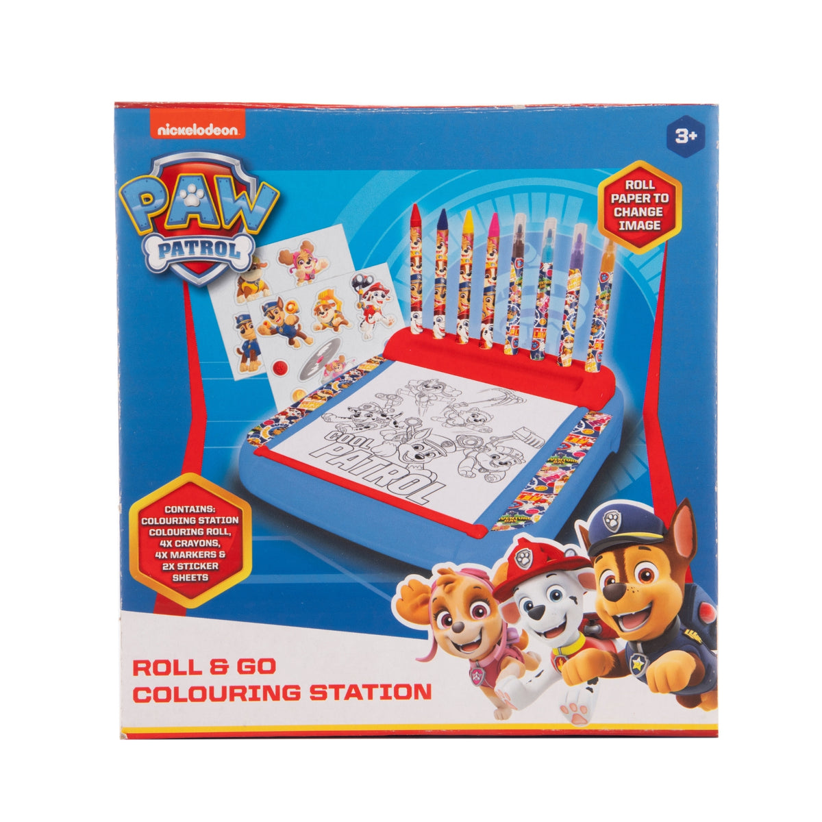 Paw Patrol roll and go colouring station packaging with characters and crayons.