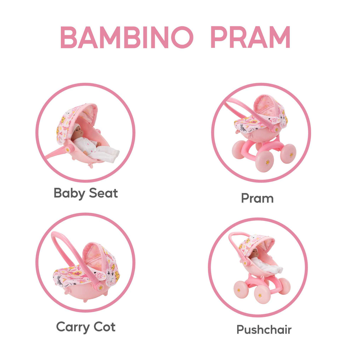 BabyBoo Bambino Jungle Print 4-IN-1 Dolls Pram Prams