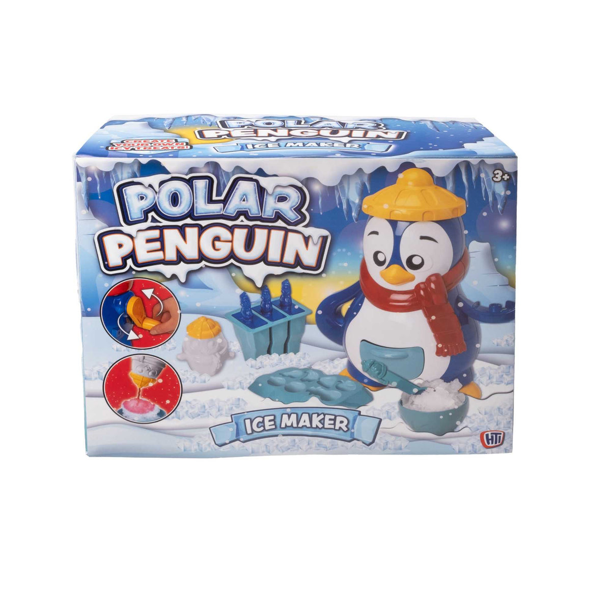 Polar Penguin Ice Maker Toy Set featuring a penguin-shaped ice crusher, ice lolly moulds, ice cube tray, and a bottle for syrups. Perfect for kids, this fun and educational set allows them to create delicious frozen treats, promoting creativity and learning about the science of freezing. 