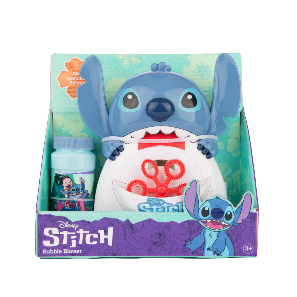 Stitch Bubble Machine featuring Disney&#39;s Stitch design, blowing hundreds of bubbles for kids&#39; outdoor fun, perfect for playdates, parties, and active play