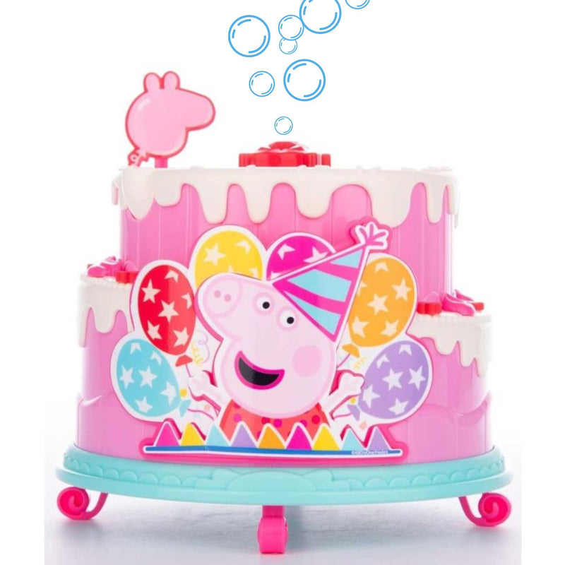 Peppa Pig Birthday Cake Bubble Machine featuring fun cake design, blowing bubbles for kids' parties, playdates, and outdoor activities, perfect for Peppa Pig fans.