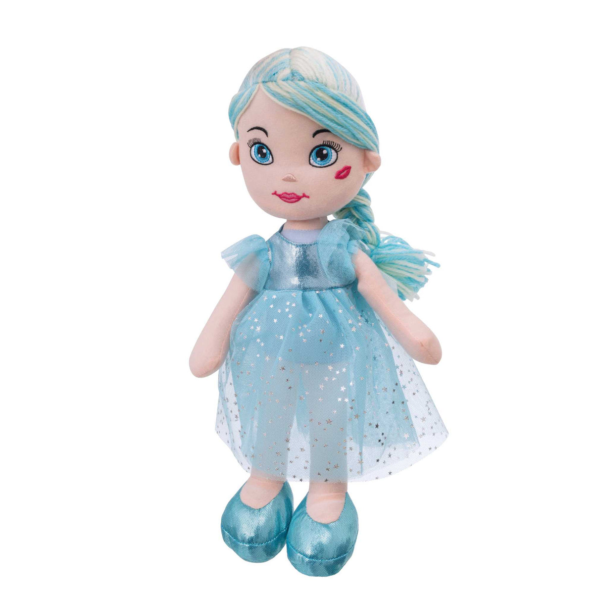 Rosie Rag Doll available in blue and pink, featuring a soft fabric body, bright yarn hair, and an embroidered face, dressed in either a blue or pink floral-patterned dress, perfect for cuddling and imaginative play.