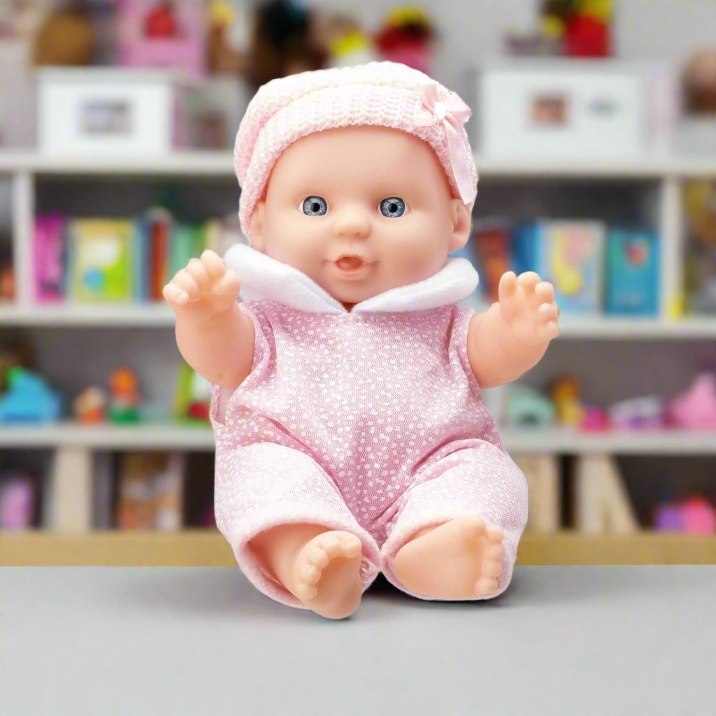 BabyBoo Cutie Baby Doll available in blue and pink outfits, featuring a soft, cuddly body, lifelike facial features, and gentle expression, perfect for nurturing role-play and snuggling.