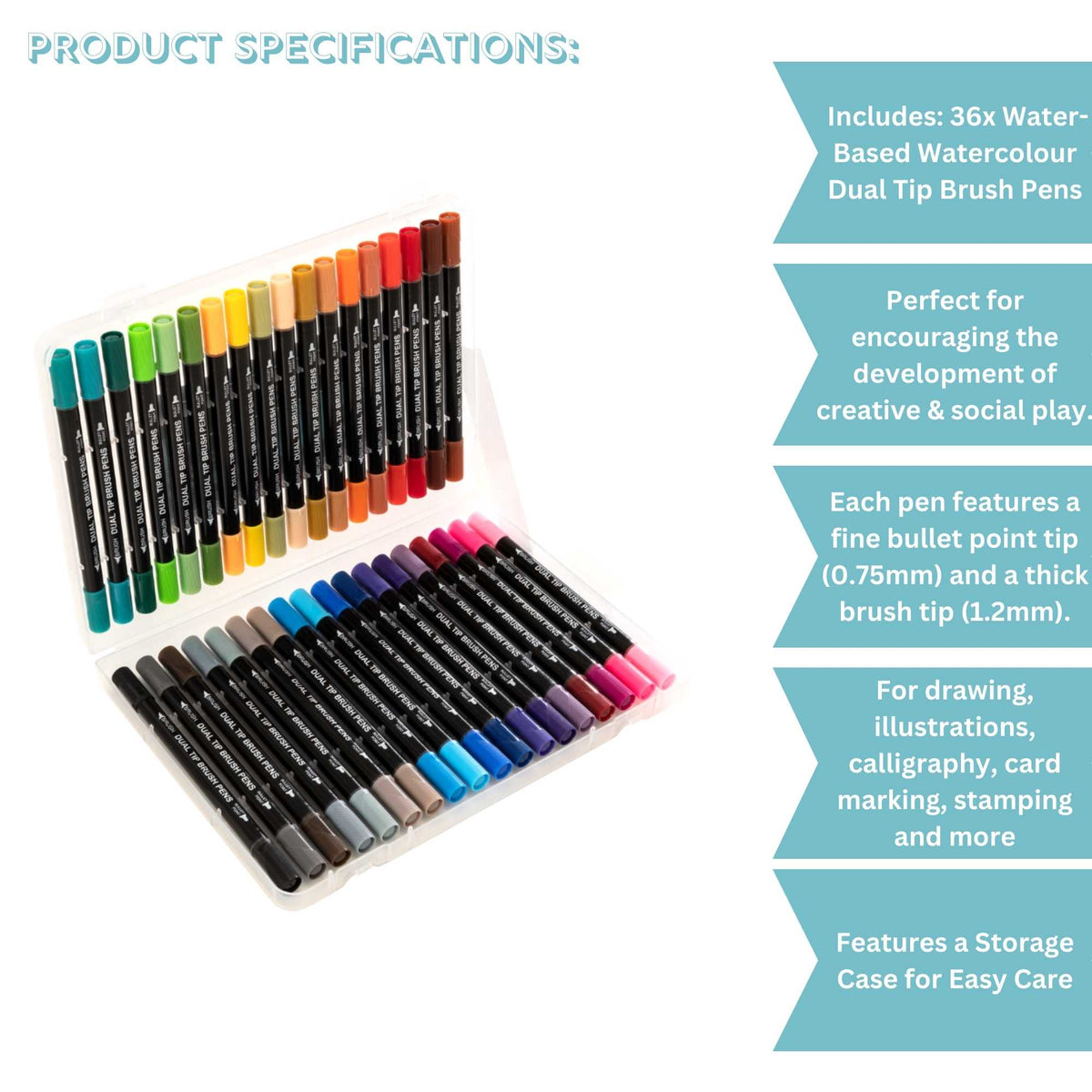 Versatile watercolour brush pens with dual tips for fine details and broad strokes. Perfect for artists, illustrators, and hobbyists. Vibrant colors for creating beautiful watercolour artworks