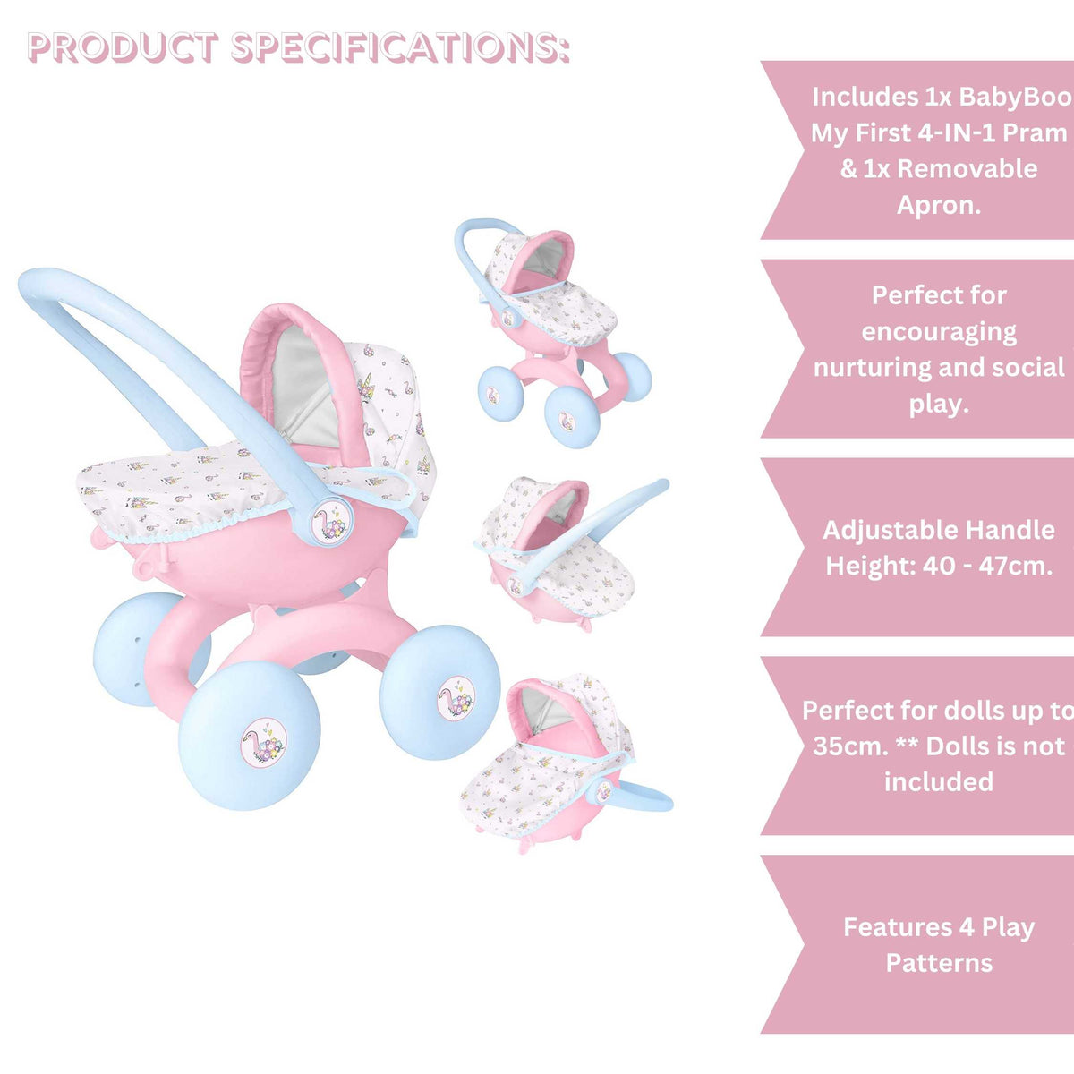 BabyBoo My First 4-IN-1 Interchangeable Dolls Pram - Versatile doll pram with multiple configurations for imaginative play