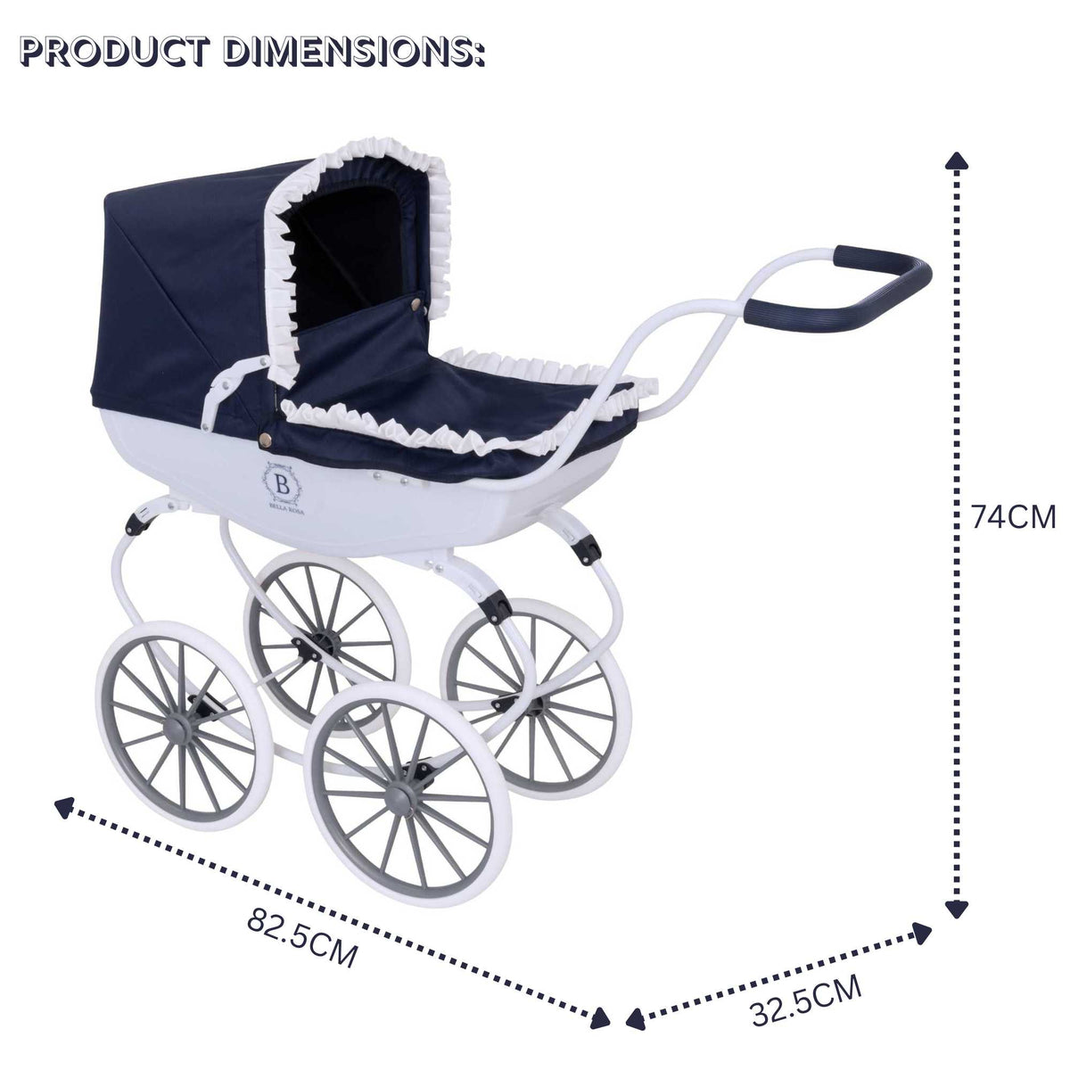 Bella Rosa Windsor Dolls Carriage Pram - Navy &amp; White - Elegant navy and white pram designed for dolls, combining classic style with functionality to enhance imaginative play for children.