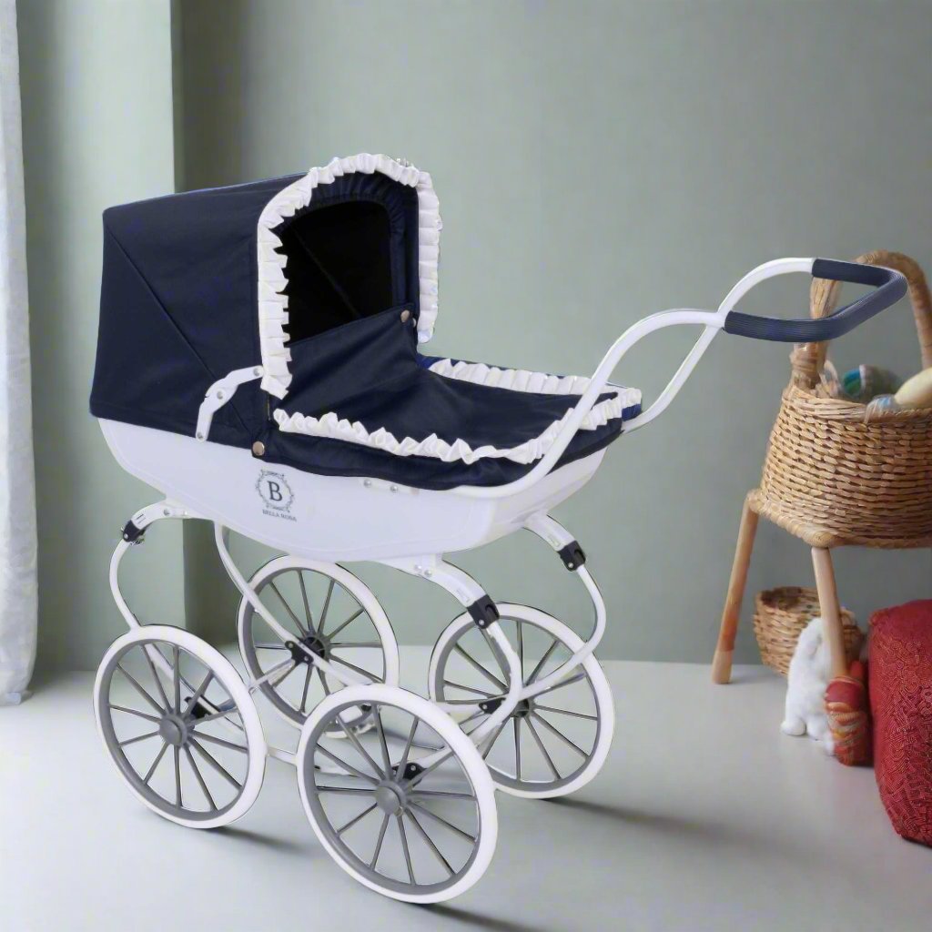 Bella Rosa Windsor Dolls Carriage Pram - Navy &amp; White - Elegant navy and white pram designed for dolls, combining classic style with functionality to enhance imaginative play for children.