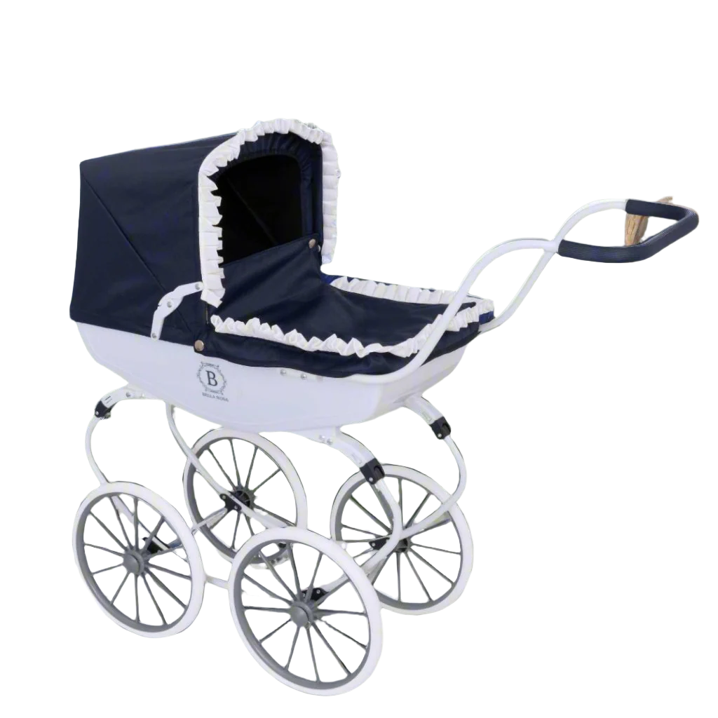 Bella Rosa Windsor Dolls Carriage Pram - Navy &amp; White - Elegant navy and white pram designed for dolls, combining classic style with functionality to enhance imaginative play for children.