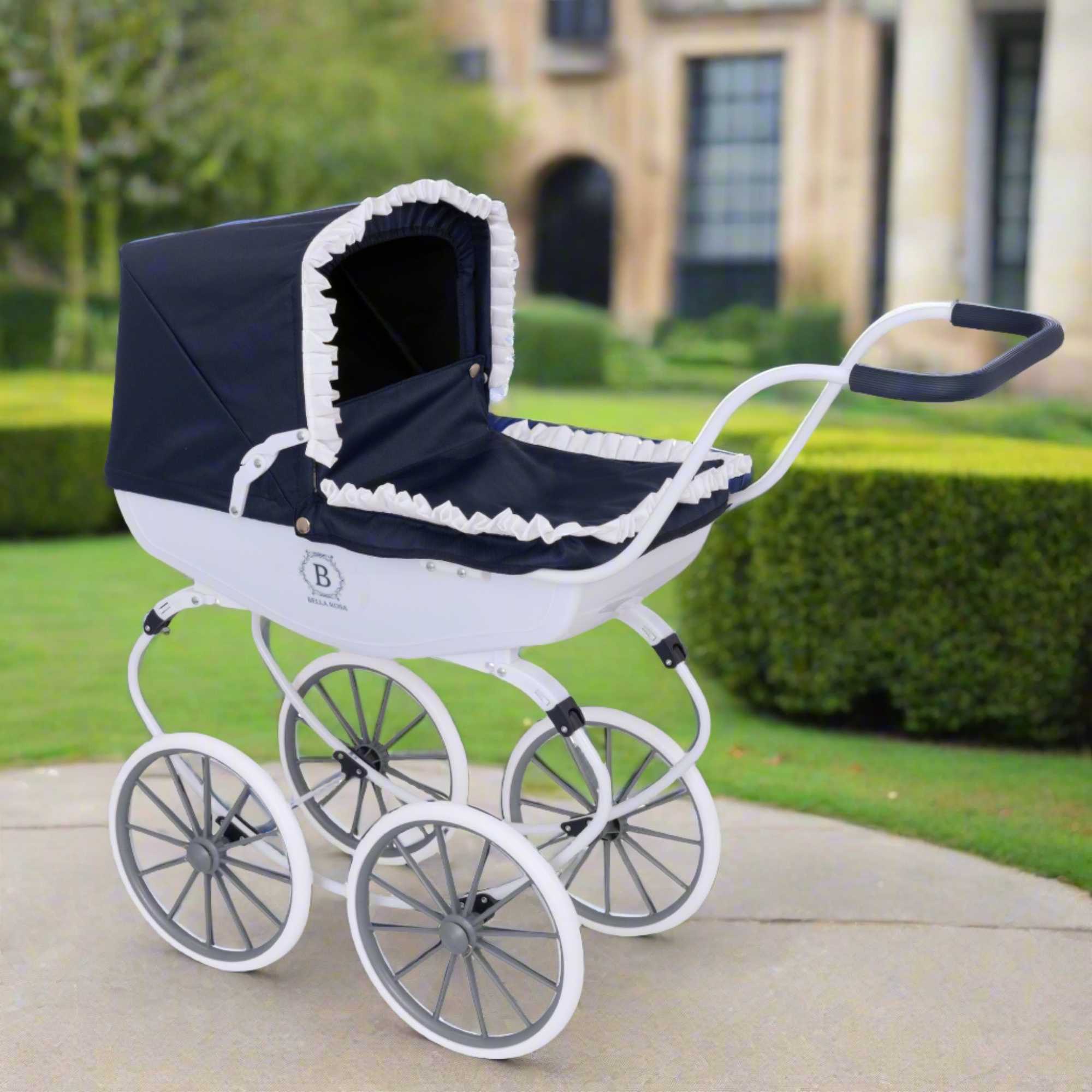 Bella Rosa Windsor Dolls Carriage Pram - Navy & White - Elegant navy and white pram designed for dolls, combining classic style with functionality to enhance imaginative play for children.