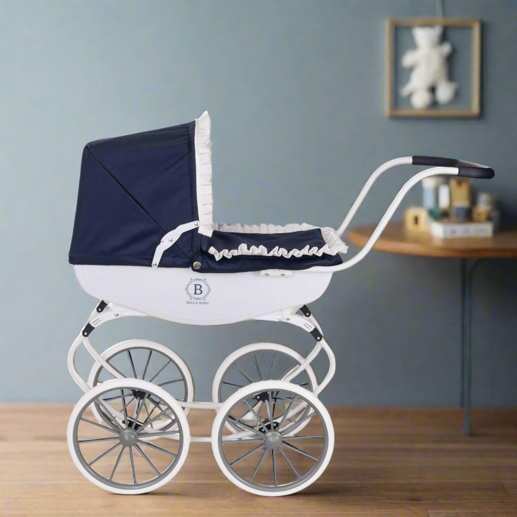 Bella Rosa Windsor Dolls Carriage Pram - Navy &amp; White Prams
