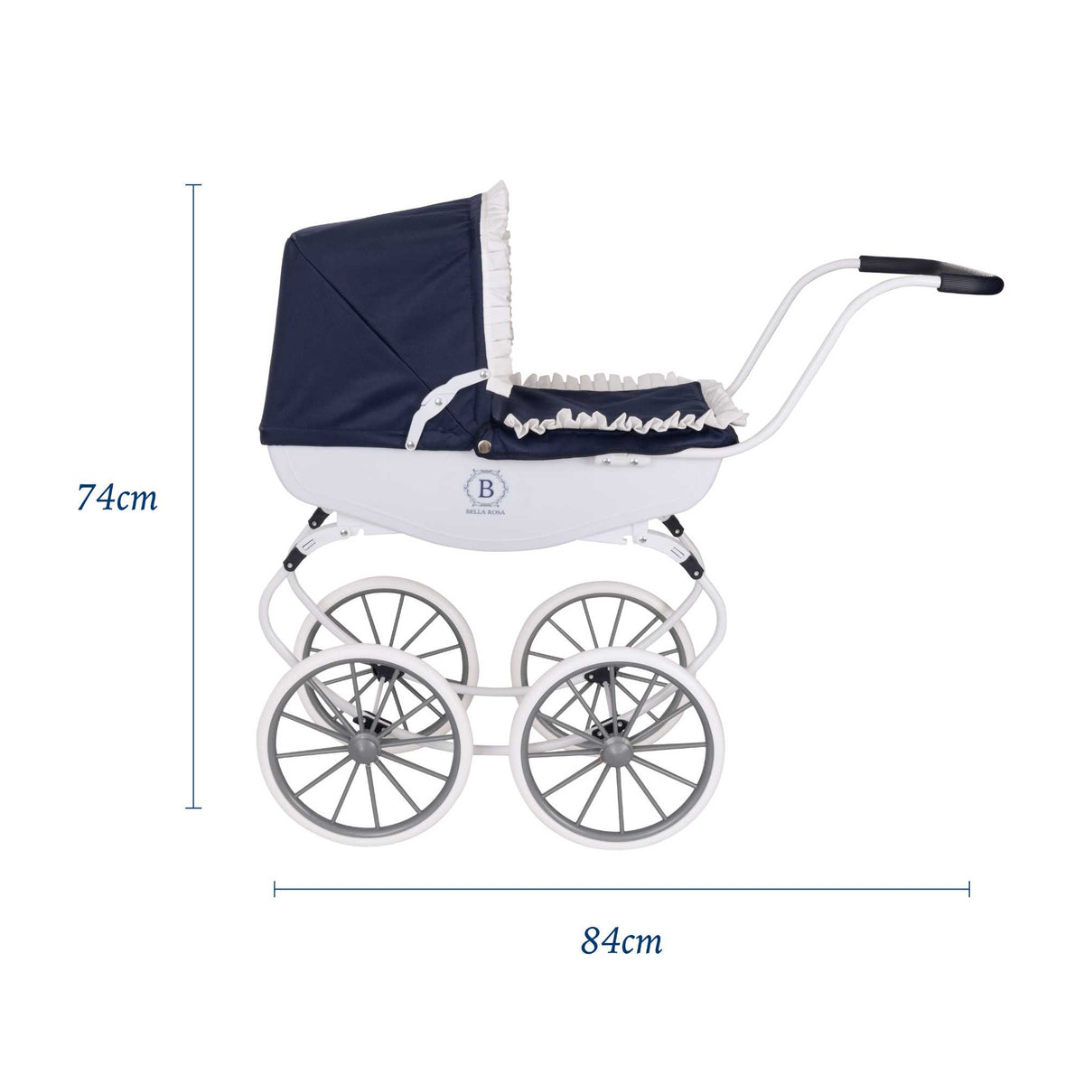 Bella Rosa Windsor Dolls Carriage Pram - Navy &amp; White - Elegant navy and white pram designed for dolls, combining classic style with functionality to enhance imaginative play for children.