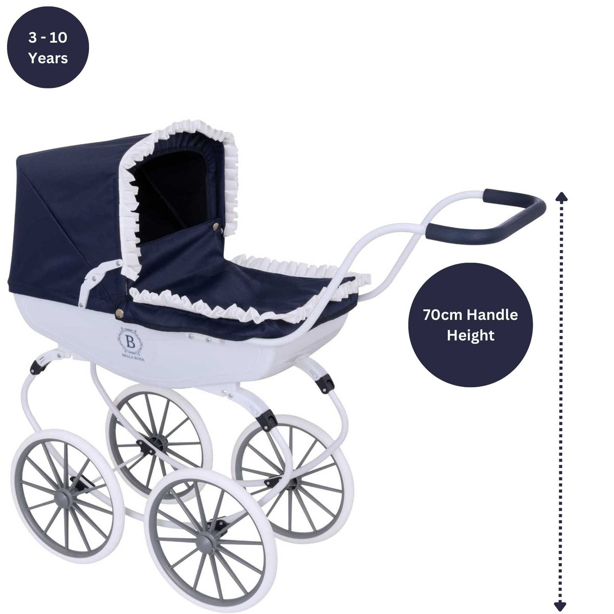 Bella Rosa Windsor Dolls Carriage Pram - Navy &amp; White - Elegant navy and white pram designed for dolls, combining classic style with functionality to enhance imaginative play for children.