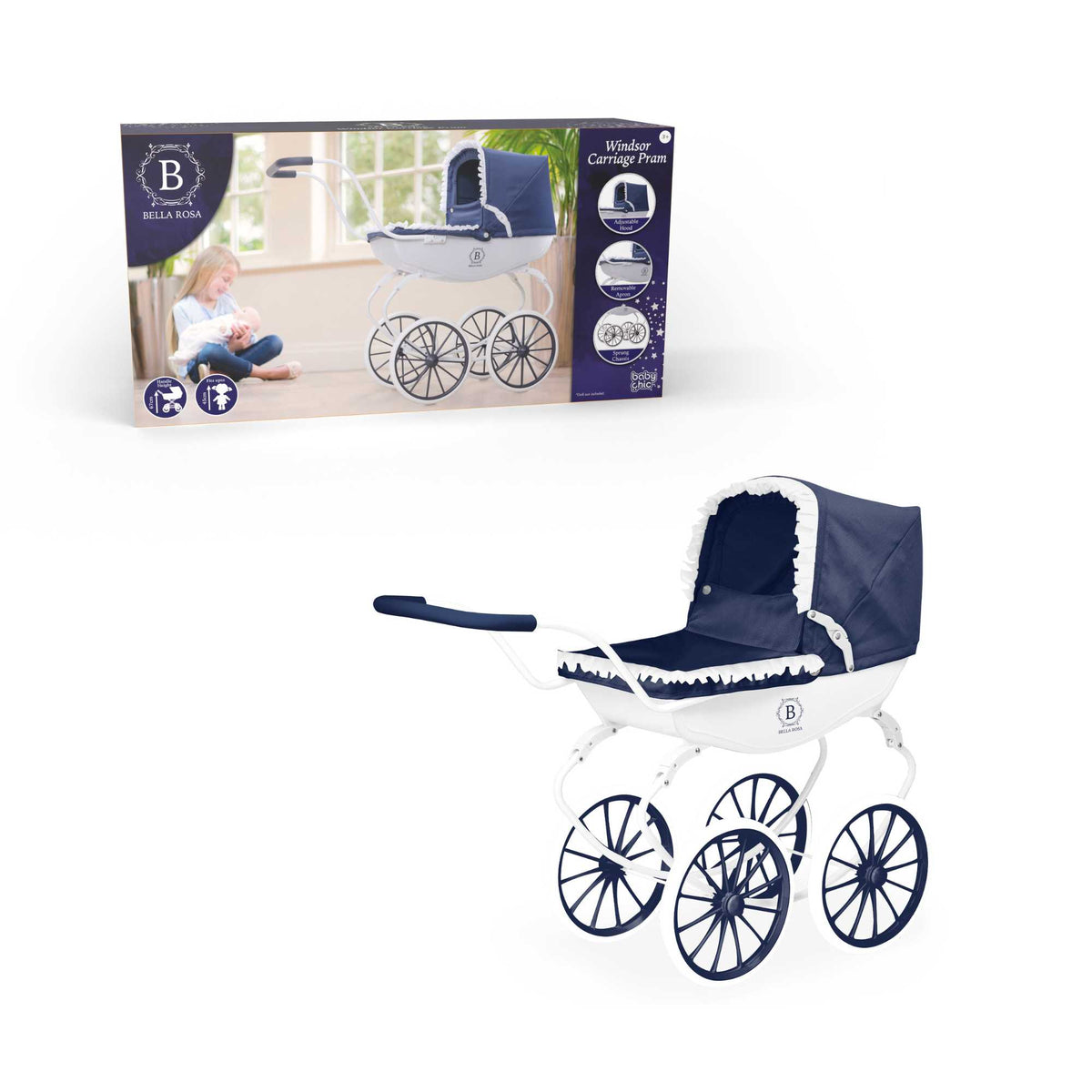 Bella Rosa Windsor Dolls Carriage Pram - Navy &amp; White - Elegant navy and white pram designed for dolls, combining classic style with functionality to enhance imaginative play for children.