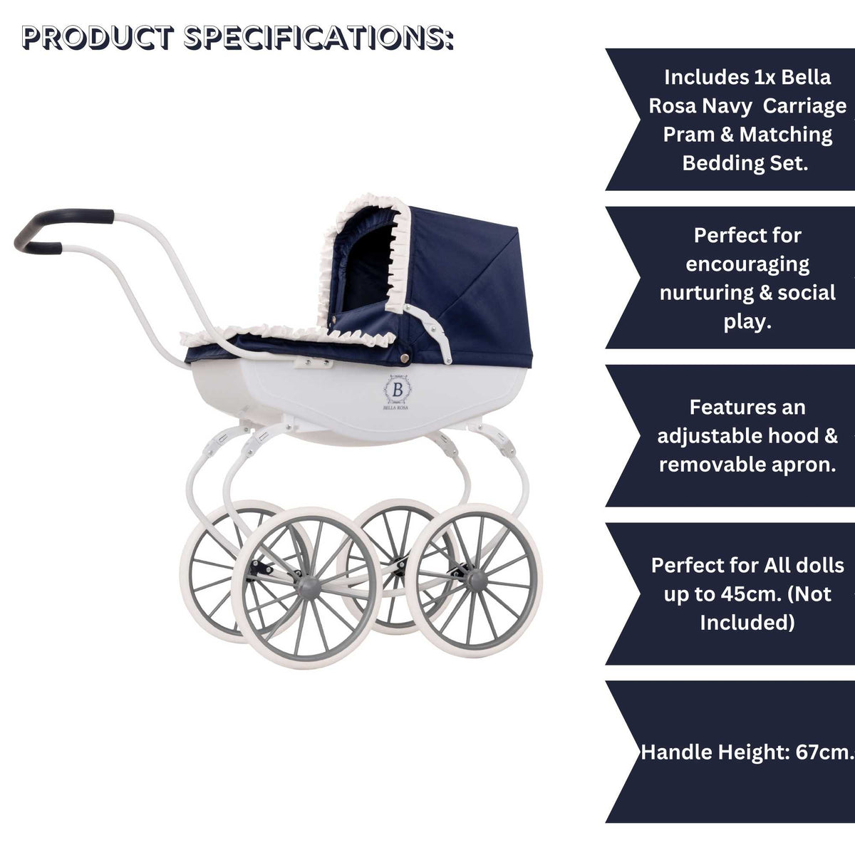 Bella Rosa Windsor Dolls Carriage Pram - Navy &amp; White - Elegant navy and white pram designed for dolls, combining classic style with functionality to enhance imaginative play for children.