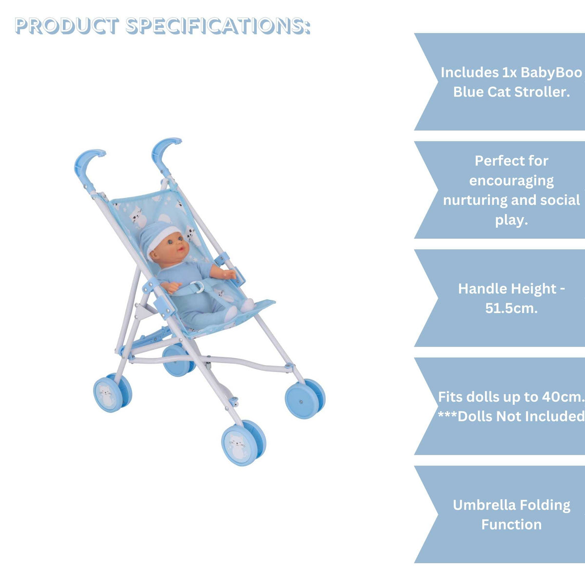 BabyBoo Kitty Doll Stroller - Blue Pushchairs