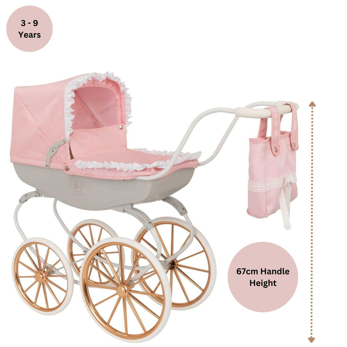 Bella Rosa Cambridge Carriage Dolls Pram - Pink &amp; Rose Gold - Luxurious pink and rose gold pram designed for dolls, offering a stylish and elegant accessory for imaginative play