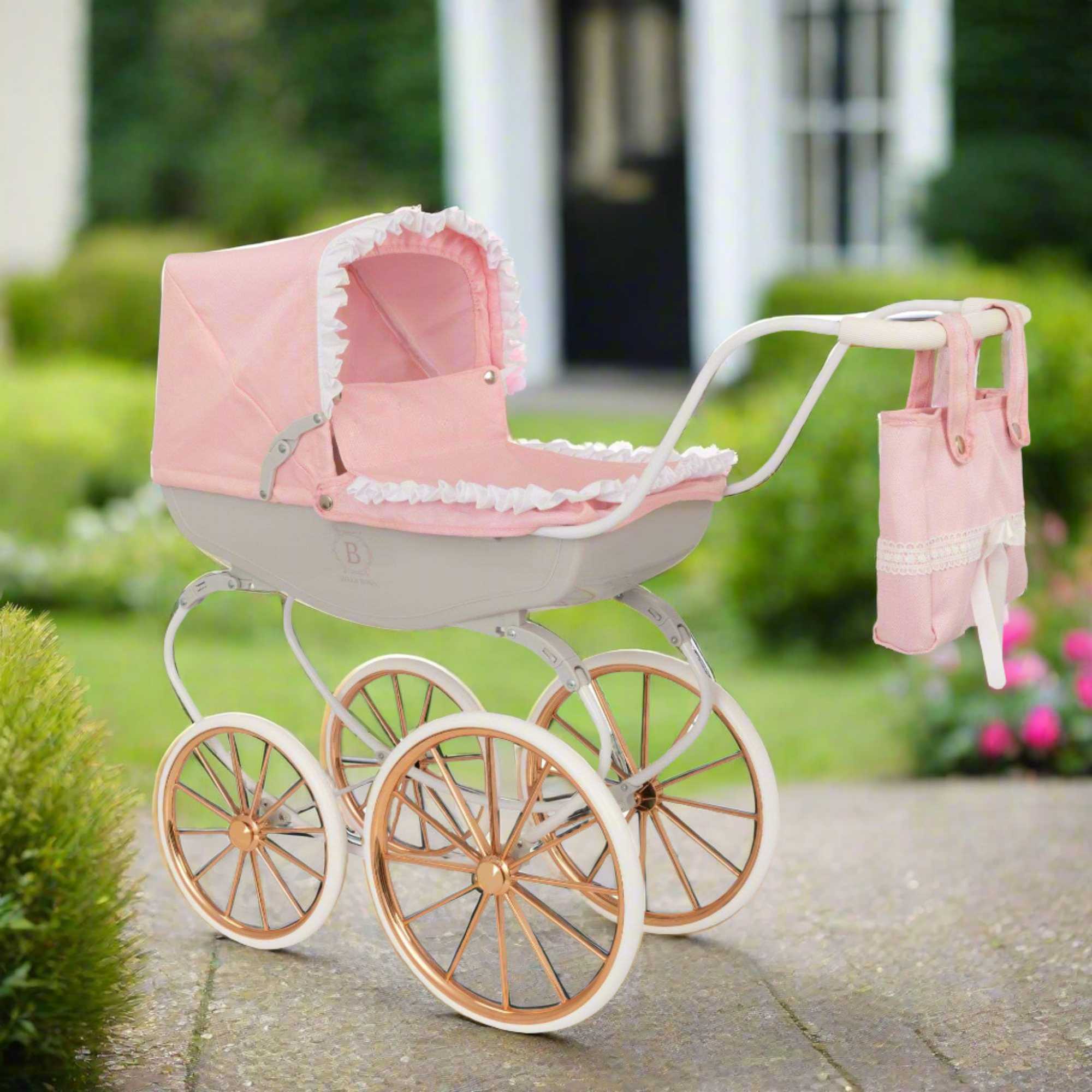 Bella Rosa Cambridge Carriage Dolls Pram - Pink & Rose Gold - Luxurious pink and rose gold pram designed for dolls, offering a stylish and elegant accessory for imaginative play
