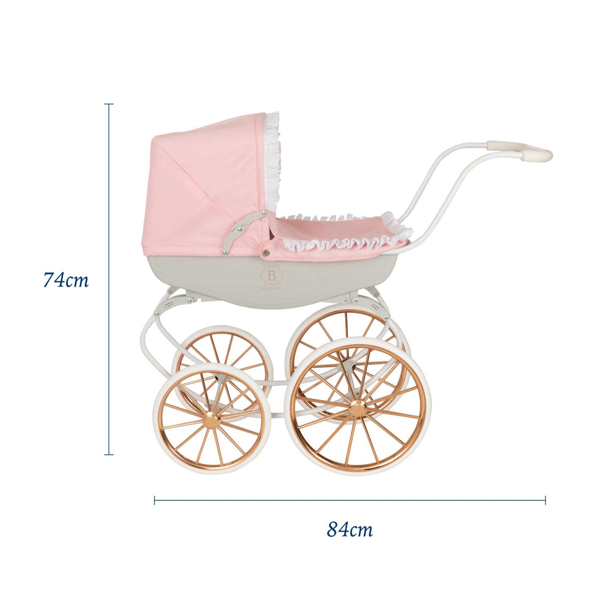 Bella Rosa Cambridge Carriage Dolls Pram - Pink &amp; Rose Gold - Luxurious pink and rose gold pram designed for dolls, offering a stylish and elegant accessory for imaginative play