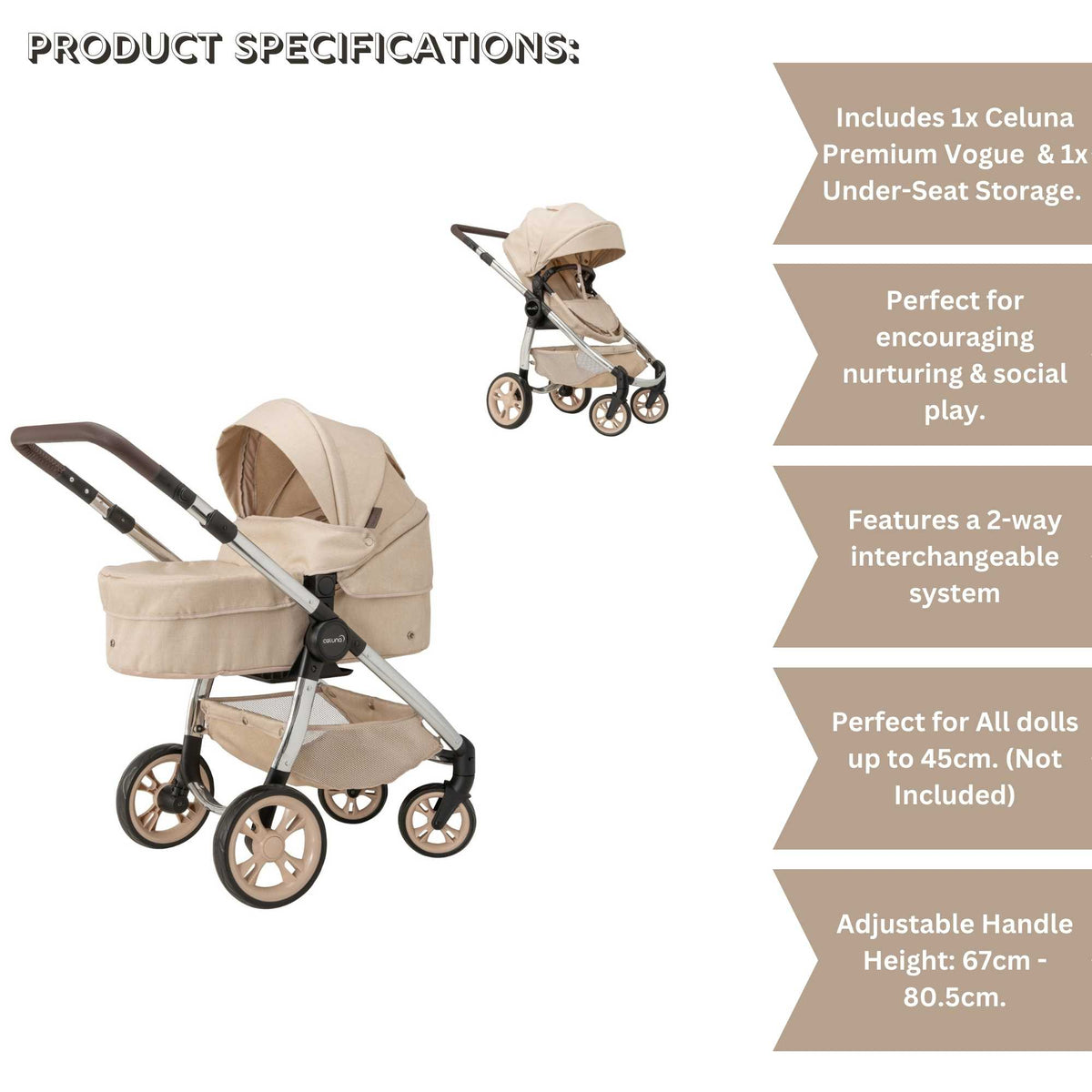 Celuna Premium Vogue Dolls Pram - versatile doll stroller with 2 pram modes for ultimate playtime fun, stylish and durable design