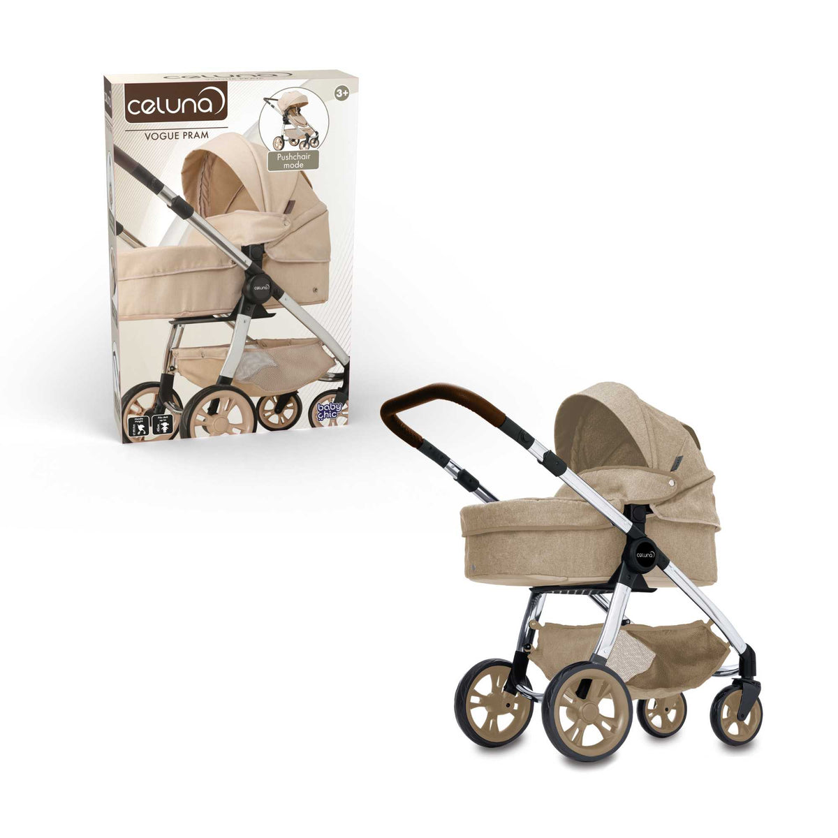 Celuna Premium Vogue Stone Dolls Pram - Two Pram Modes Doll &amp; Action Figure Accessories