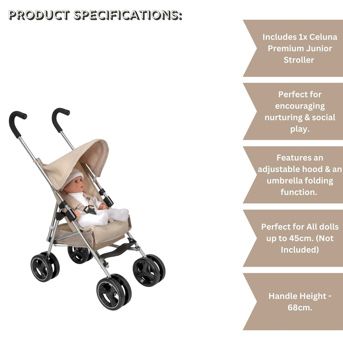 Celuna Premium Junior Dolls Stroller - Stone Pushchairs