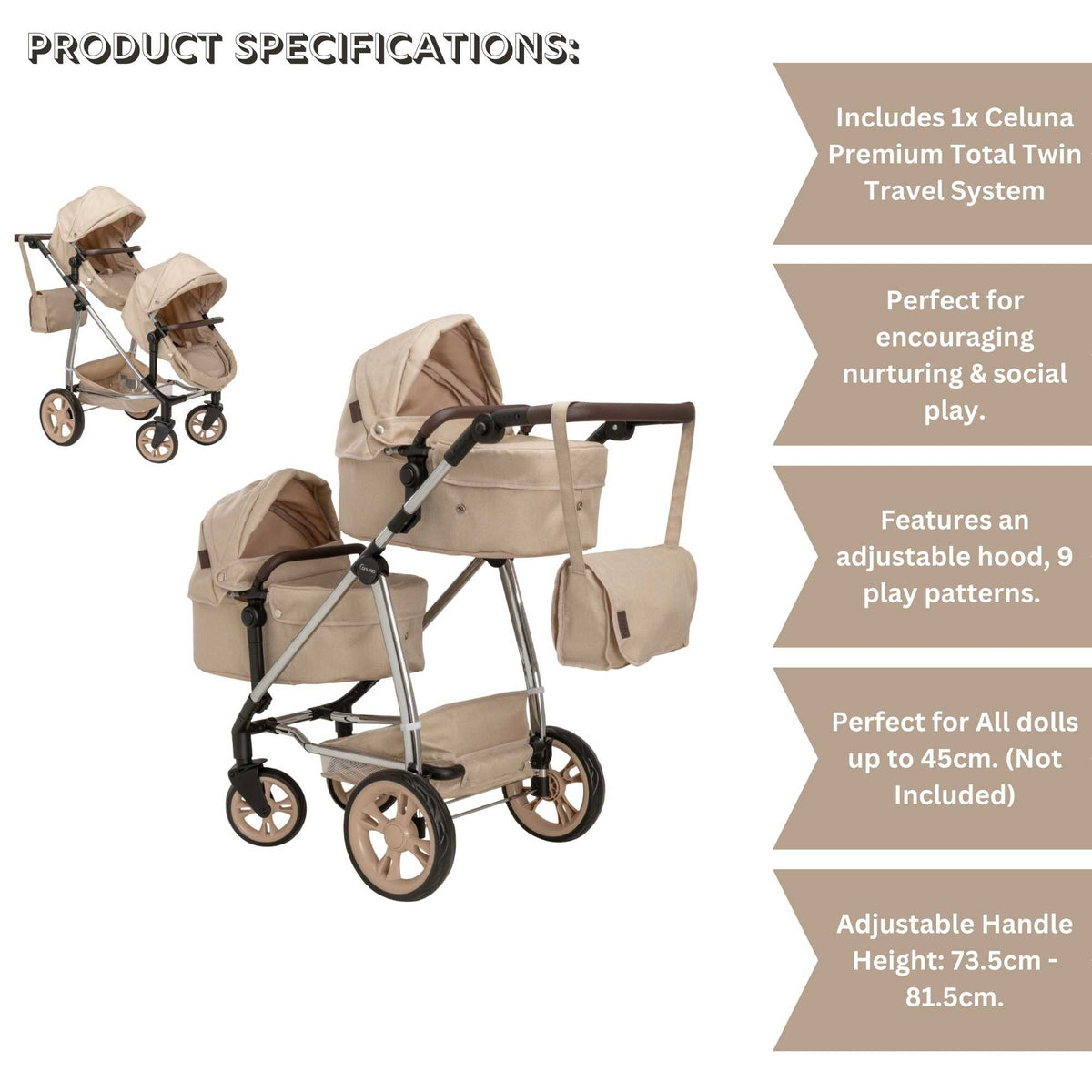 Celuna Premium Twin Dolls Travel System - versatile doll stroller with 9 play patterns, perfect for twins, stylish and durable design