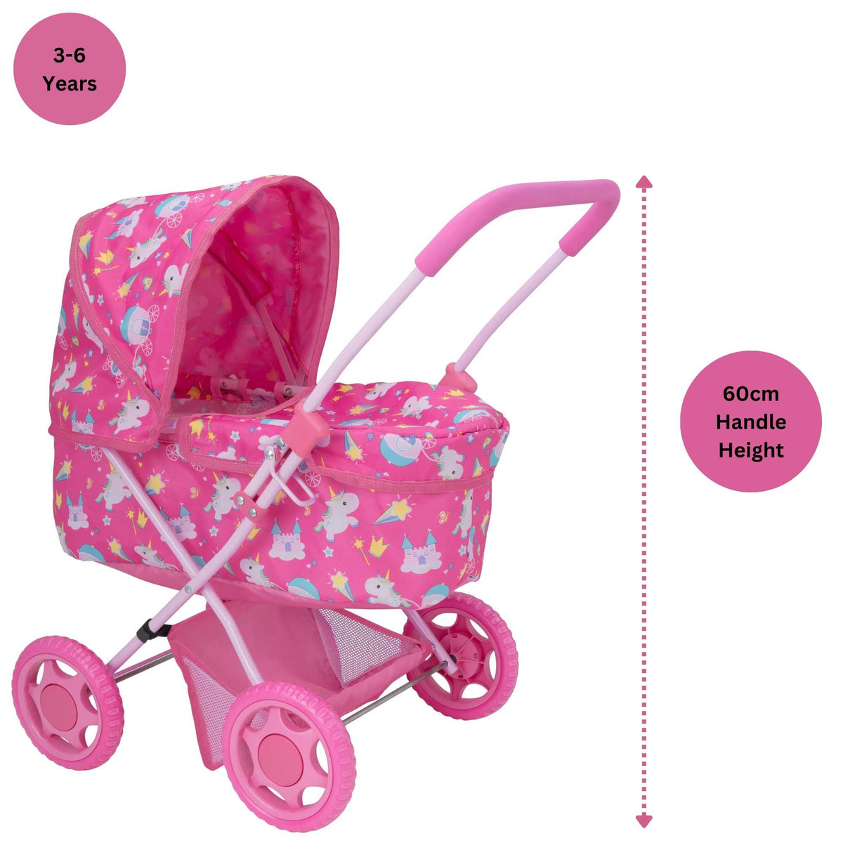 Adorable doll pram featuring a charming unicorn pattern, perfect for young children&#39;s imaginative play. Sturdy construction and easy maneuverability make it ideal for indoor and outdoor adventures. Compatible with various dolls and plush toys