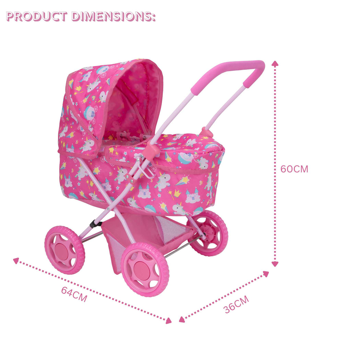 Adorable doll pram featuring a charming unicorn pattern, perfect for young children&#39;s imaginative play. Sturdy construction and easy maneuverability make it ideal for indoor and outdoor adventures. Compatible with various dolls and plush toys