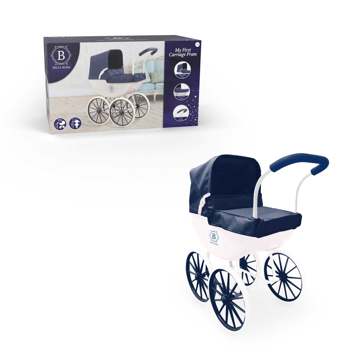 Bella Rosa My First Carriage Pram - Navy - Classic navy pram designed for dolls, perfect for young children to enjoy imaginative and nurturing play.