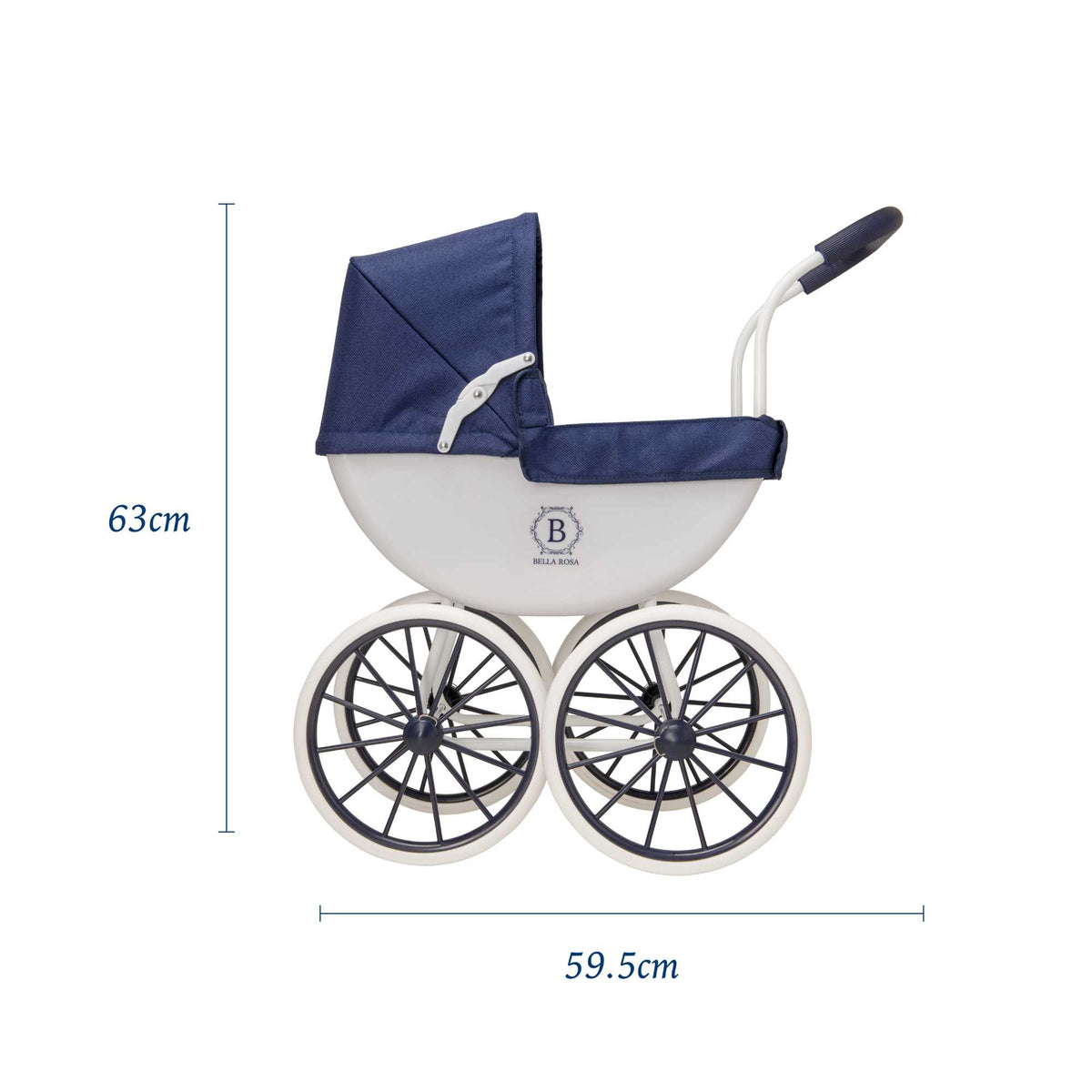 Bella Rosa My First Carriage Pram - Navy - Classic navy pram designed for dolls, perfect for young children to enjoy imaginative and nurturing play.