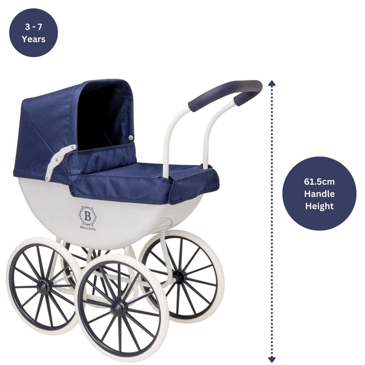 Bella Rosa My First Carriage Pram - Navy - Classic navy pram designed for dolls, perfect for young children to enjoy imaginative and nurturing play.