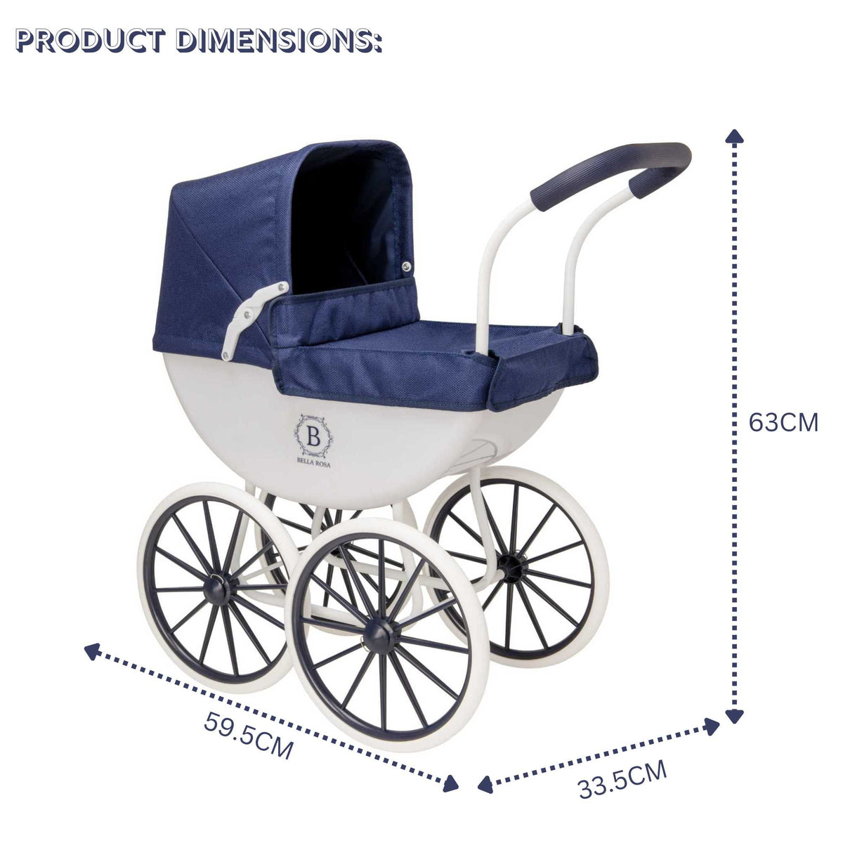 Bella Rosa My First Carriage Pram - Navy - Classic navy pram designed for dolls, perfect for young children to enjoy imaginative and nurturing play.