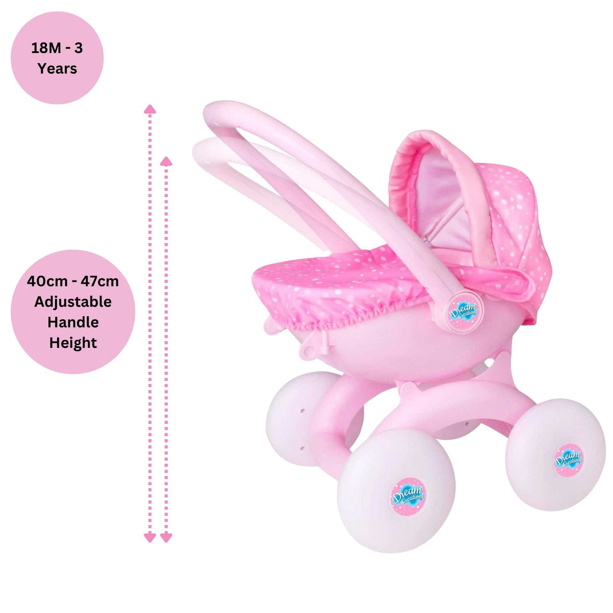 Dream Creations 4 in 1 My First Dolls Pram - Versatile and Stylish Toy Pram, Stroller, Carrycot, and Pushchair for Dolls