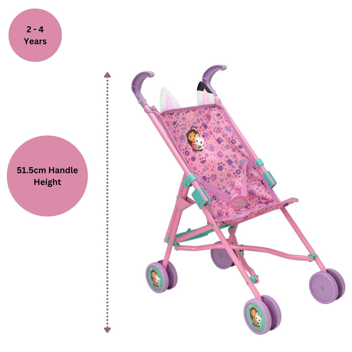 Colourful toy stroller featuring popular characters from Gabby&#39;s Dollhouse, designed for children to enjoy pretend play. Ideal for carrying dolls and other small toys, with vibrant designs and sturdy wheels for easy manoeuvrability.