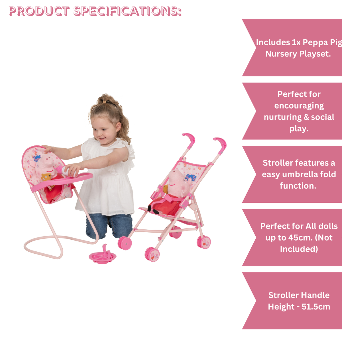 Peppa Pig Nursery Bundle - 7 Piece Playset: A colourful Peppa Pig-themed toy set including a high chair, stroller, Feeding set, perfect for toddlers&#39; imaginative play and doll care.