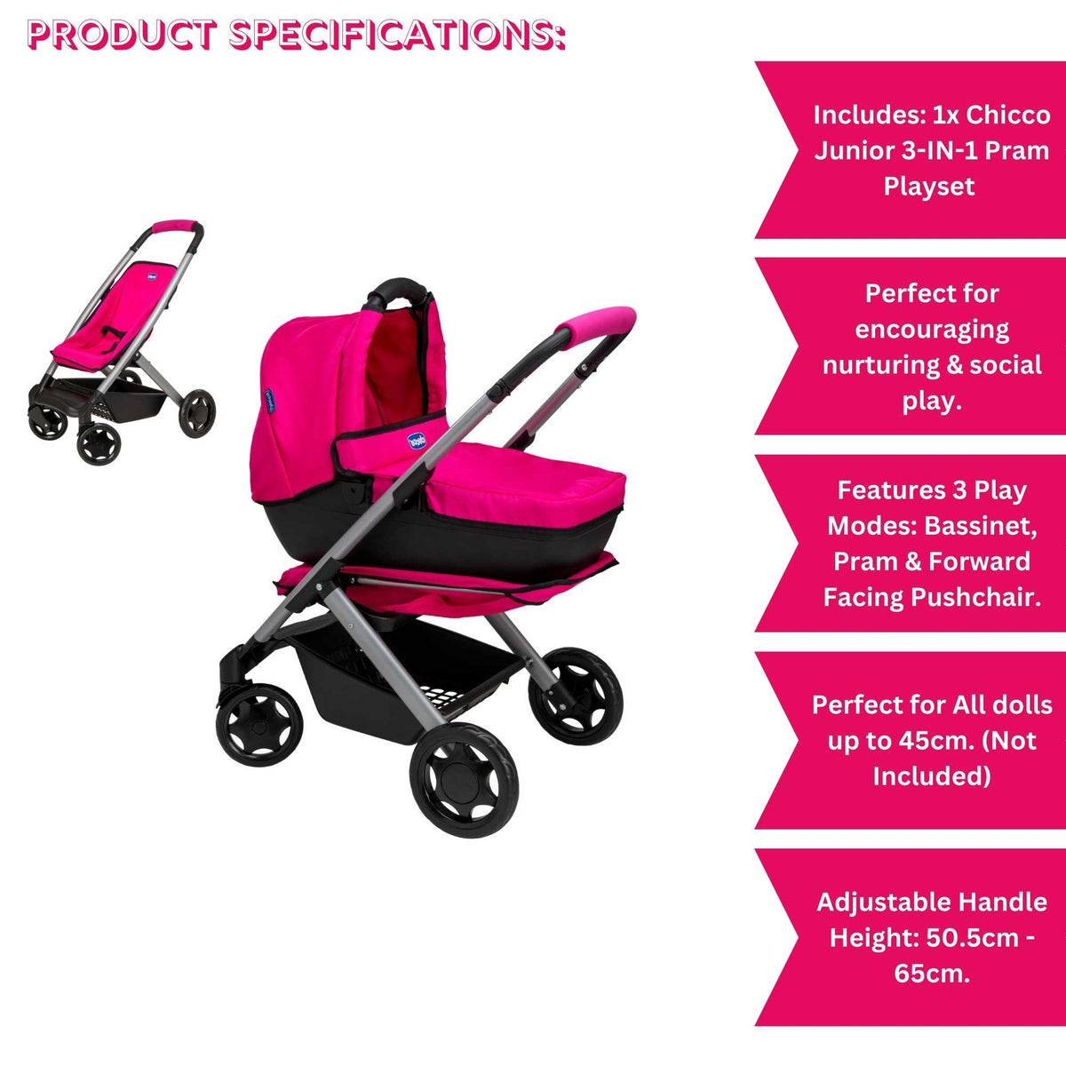 Chicco Junior 3-IN-1 Dolls Pram - Pink Prams
